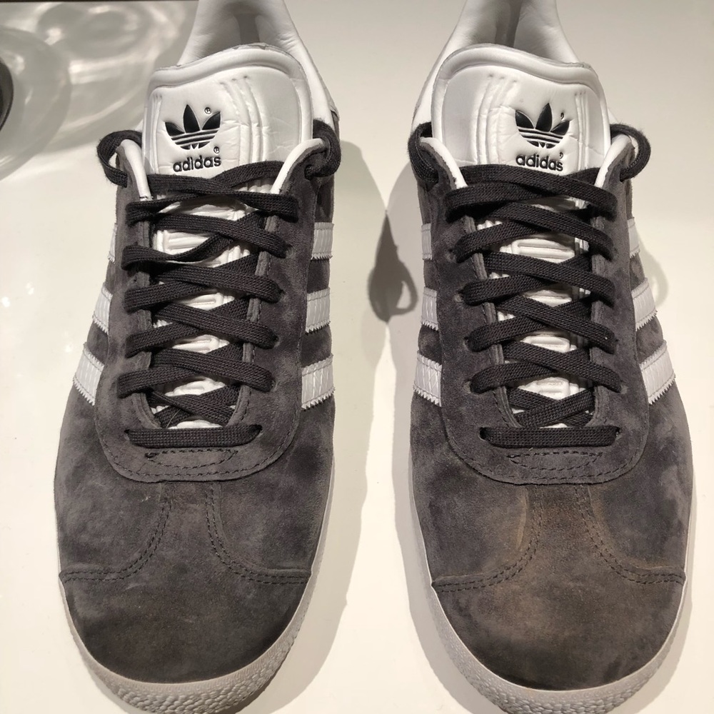 Adidas Gazelle gray and white strip suede